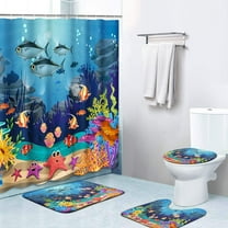 4 Piece Shower Curtain Sets, with 12 Hooks, Nature Ocean Sea Turtle and Fish with Non-Slip Rugs, Toilet Lid Cover and Bath Mat for Bathroom Decor Set, 72" x 72"