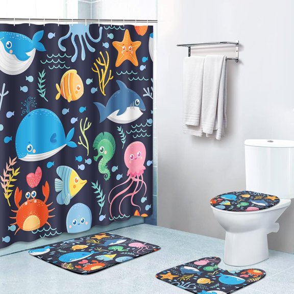 4 Piece Shower Curtain Sets, with 12 Hooks, Nautical Beach Sea Shell with Non-Slip Rugs, Toilet Lid Cover and Bath Mat for Bathroom Decor Set, 72" x 72"