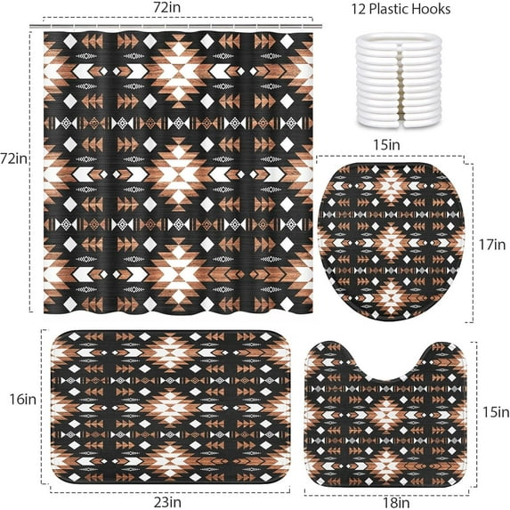 4 Piece Shower Curtain Sets with 12 Hooks, Western Aztec Geometric ...