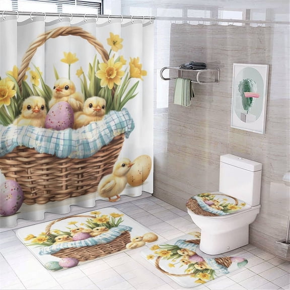 4 Piece Shower Curtain Sets Basket Full of Spring Chicks And Colorful Eggs Shower Curtain and Rugs Shower Curtain Set Easter Eggs Chicks Floral Flowers 12 Hooks for Bathroom Decor 72inch X 72inch