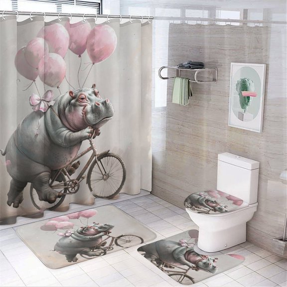 4 Piece Shower Curtain Sets Bathroom Decor Set with Non-Slip Rugs Toilet Lid Cover And Bath Mat Hippo Riding A Bicycle Holding Balloons Waterproof Shower Curtain Animals Wildlife Illustrations
