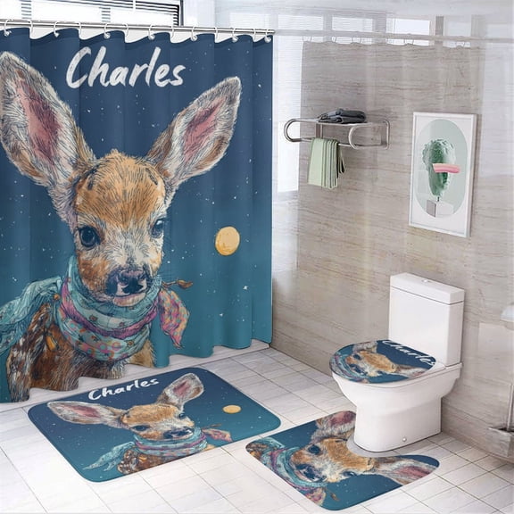 4 Piece Shower Curtain Sets Bathroom Decor Set with Non-Slip Rugs Toilet Lid Cover And Bath Mat Personalised Moonlit Fawn Durable And Waterproof Custom Name And Year for Bathroom Decor