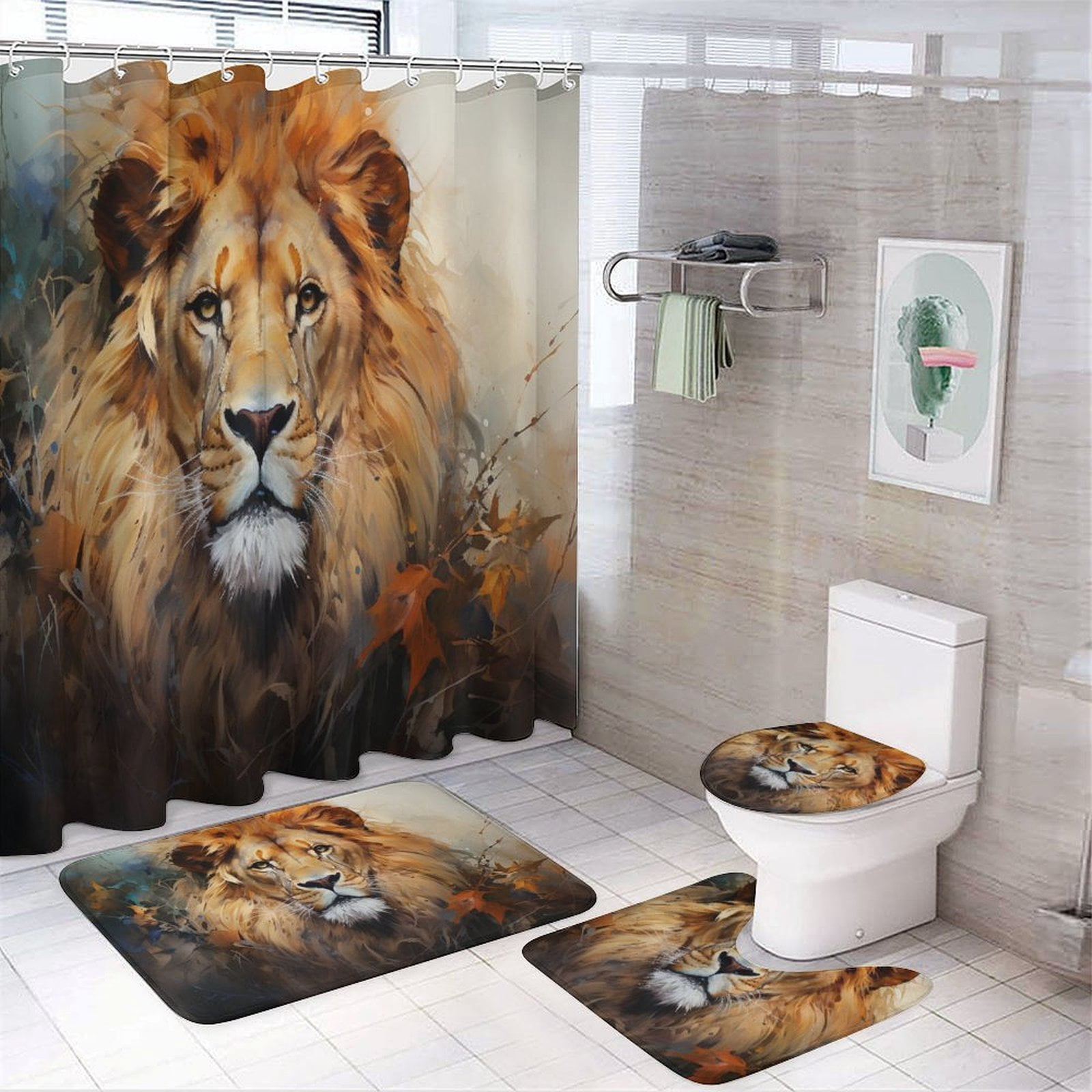 4 Piece Shower Curtain Sets Bathroom Sets with Shower Curtain And Rugs 4 Piece Artistic Lion Face Waterproof Shower Curtain Forest King Face Wild Animal for Bathroom Decor