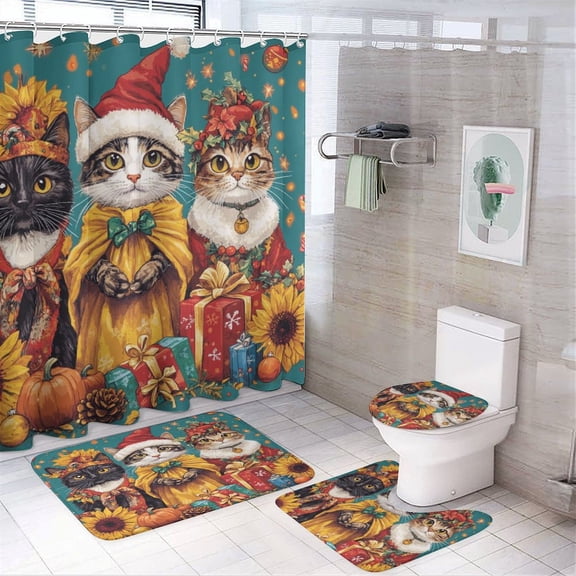 4 Piece Shower Curtain Sets Bathroom Shower Curtain Set with Rugs Cat Halloween Thanksgiving Christmas Waterproof Shower Cu Cat Lover Gifts for Bathtub Decor Waterproof Fabric Bath Curtain