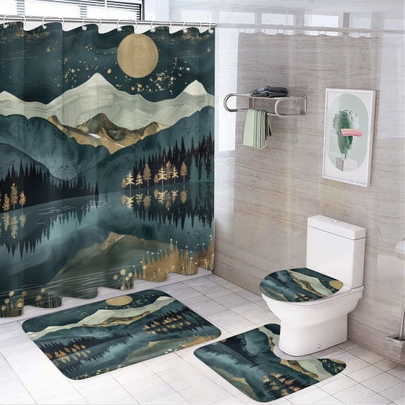 4 Piece Shower Curtain Sets Bathroom Shower Curtain Set with Rugs Illustration of Mountains, Trees And Lake in The Moonlight Durable And Waterproof Mountain Landscape Boho Colorful Abstract