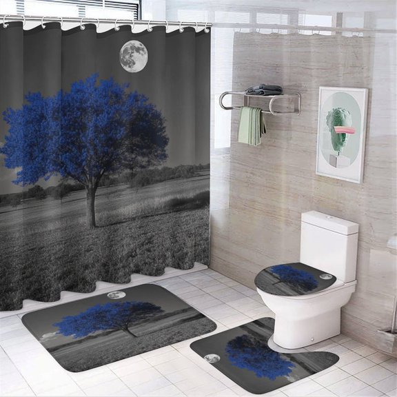 4 Piece Shower Curtain Sets Black And White Blue Tree Moon with Non-Slip Rugs Toilet Lid Cover And Bath Mat Shower Curtain Set Nature Landscape 12 Plastic Hooks for Bathtub Decor 72inch X 72inch