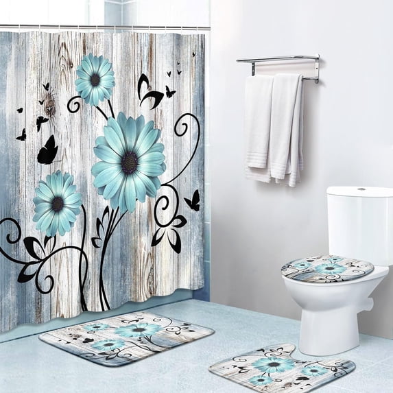 4 Piece Shower Curtain Sets, Blue Flower Daisy Vintage Worn Wood with Non-Slip Rugs, Toilet Lid Cover and Bath Mat, for Bathroom Decor Set, 72" x 72"
