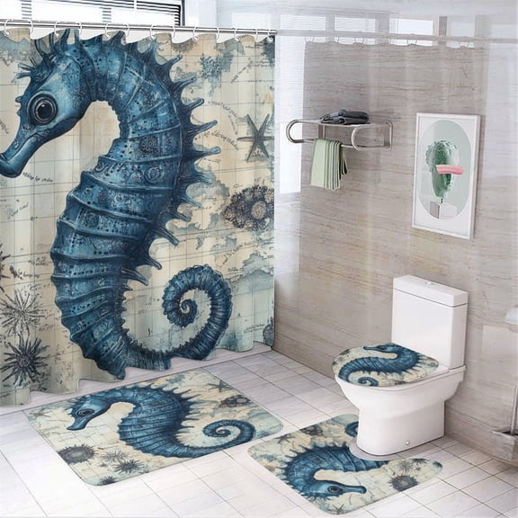 4 Piece Shower Curtain Sets Blue Seahorse Old Map Shower Curtain Set with Shower Curtain And Rugs 4 Piece Ocean Theme 12 Plastic Hooks for Bathroom Decor 72inch X 72inch