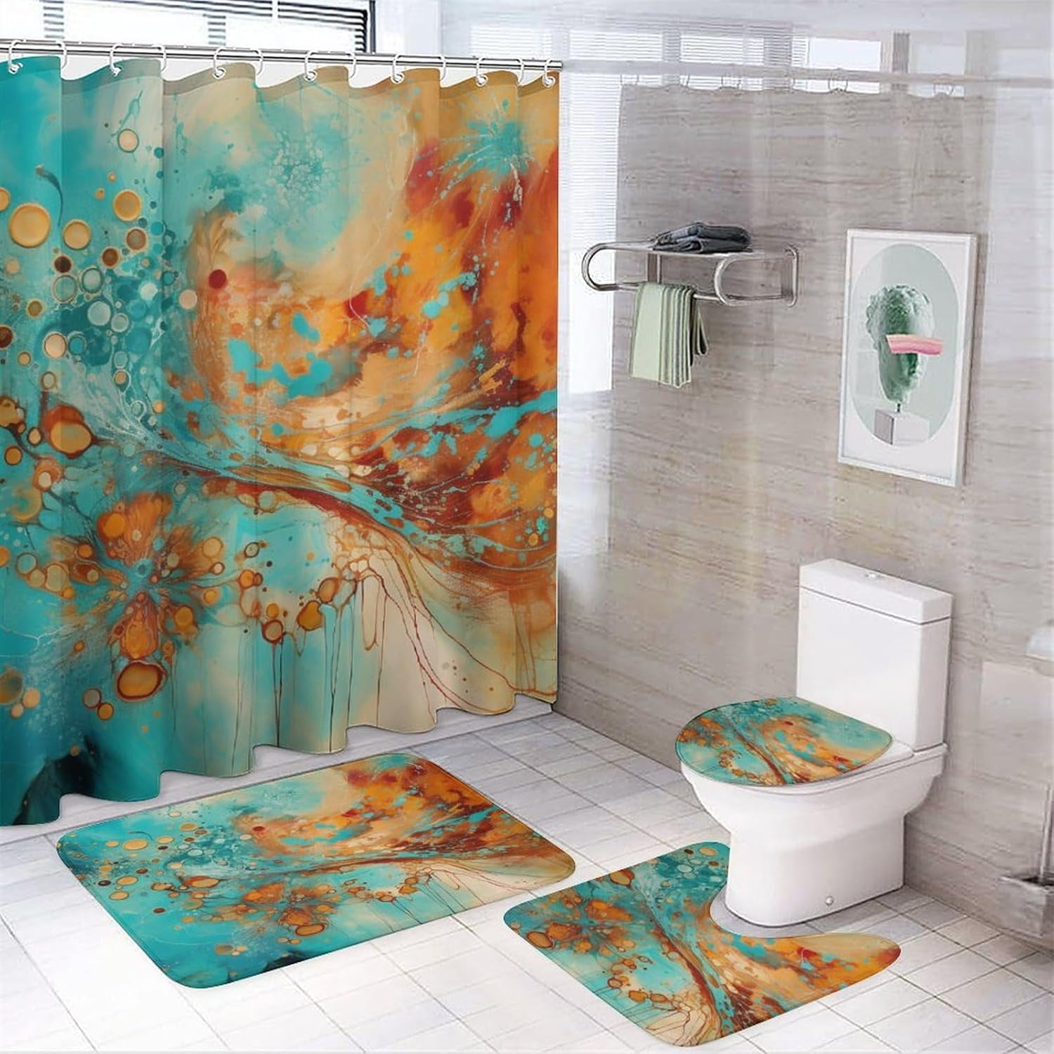 Bathroom Sets With Shower Curtains 4 Piece Shower Curtain Sets Bright Orange Turquoise Teal Blue Art Motif