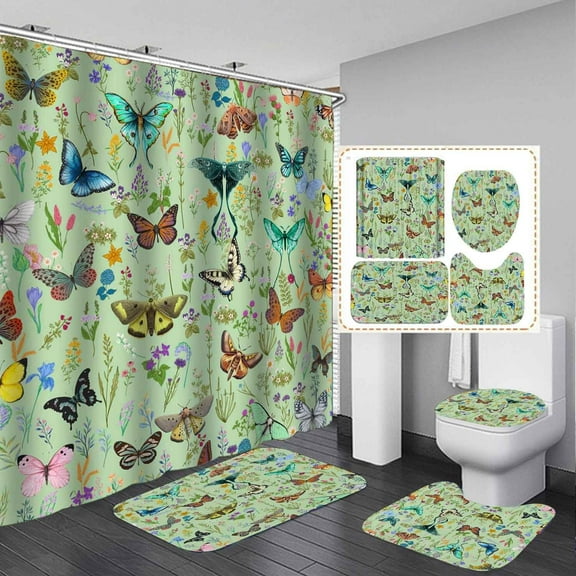 4-Piece Shower Curtain Sets Celestial Moon Phase Design, Waterproof Polyester Fabric with Non-Slip Rugs, Mystical Bathroom Decor - Black Boho Galaxy Botanical Theme