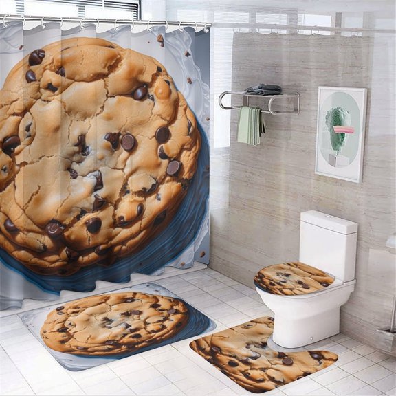 4 Piece Shower Curtain Sets Chocolate Chip Cookie Rug Toilet Lid Cover And Non-Slip U Shape Mat Christmas Cookies Shower Curtain with 12 Hooks for Bathroom Decor Set 72inch X 72inch