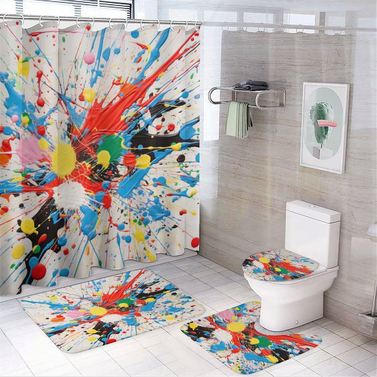 4 Piece Shower Curtain Sets Colorful Splatters Bathroom Sets with ...