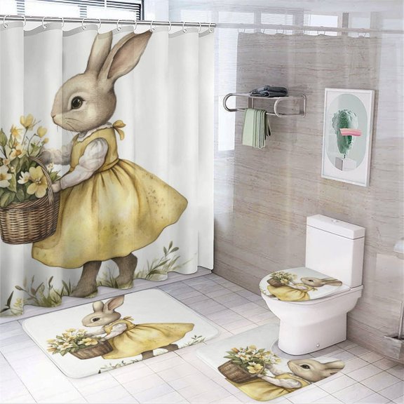 4 Piece Shower Curtain Sets Easter Blessings Vintage Bunny Rabbit with Non-Slip Rugs Toilet Lid Cover And Bath Mat Spring Easter Bathroom Decor Set with Accessories for Bathtub Decor 72inch X 72inch