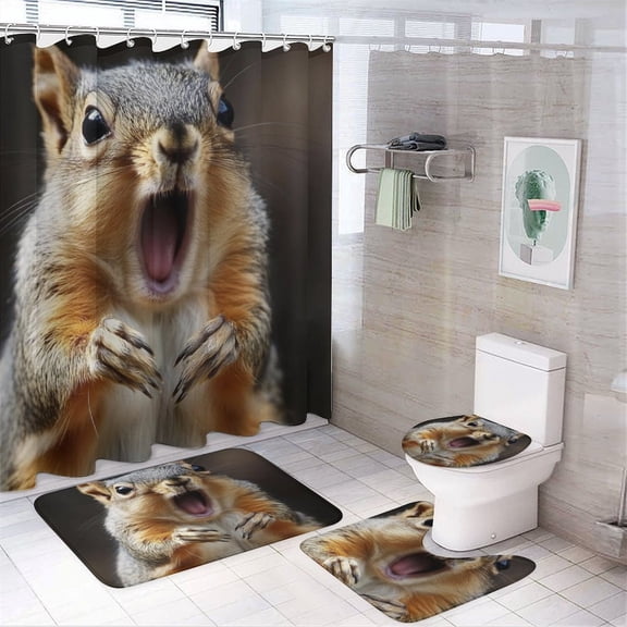 4 Piece Shower Curtain Sets Funny Screaming Squirrel Shower Curtain Set with Curtain Rug Toilet Cover And U Shaped Mat Squirrel Decor Farmhouse Bathroom Decor Set for Bathtub Decor 72inch X 72inch