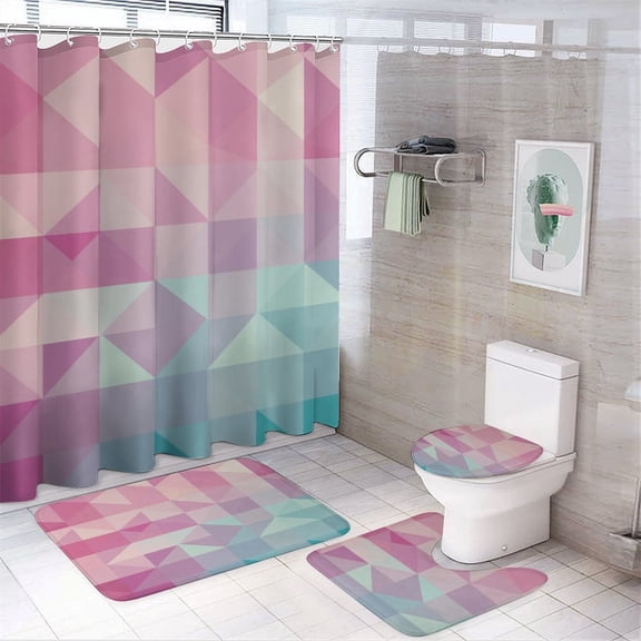 4 Piece Shower Curtain Sets Geometric Triangles Pink Teal with Non-Slip Rugs Toilet Lid Cover And Bath Mat Bathroom Decor Set Art Deco Triangle Pattern Farmhouse Bathroom Shower Set
