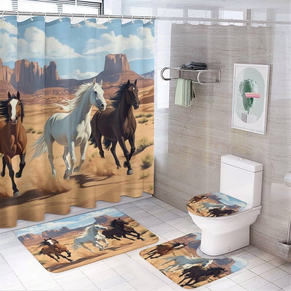 4 Piece Shower Curtain Sets Horse with Rugs Toilet Lid Cover And Bath Mat Animal Lovers Gifts Bathroom Decor Set for Bathtub Decor 72inch X 72inch