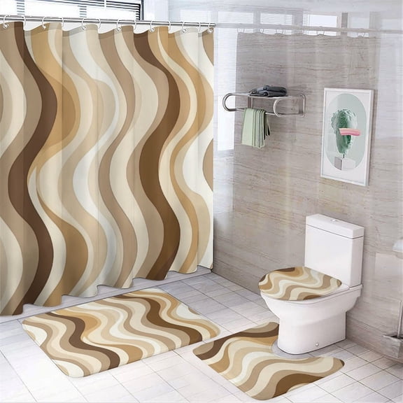 4 Piece Shower Curtain Sets Modern Abstract Grey And Brown Striped Shower Curtain Set with Shower Curtain And Rugs 4 Piece Summer Abstract Stripe Bathroom Decor Set for Bathtub Decor 72inch X 72inch