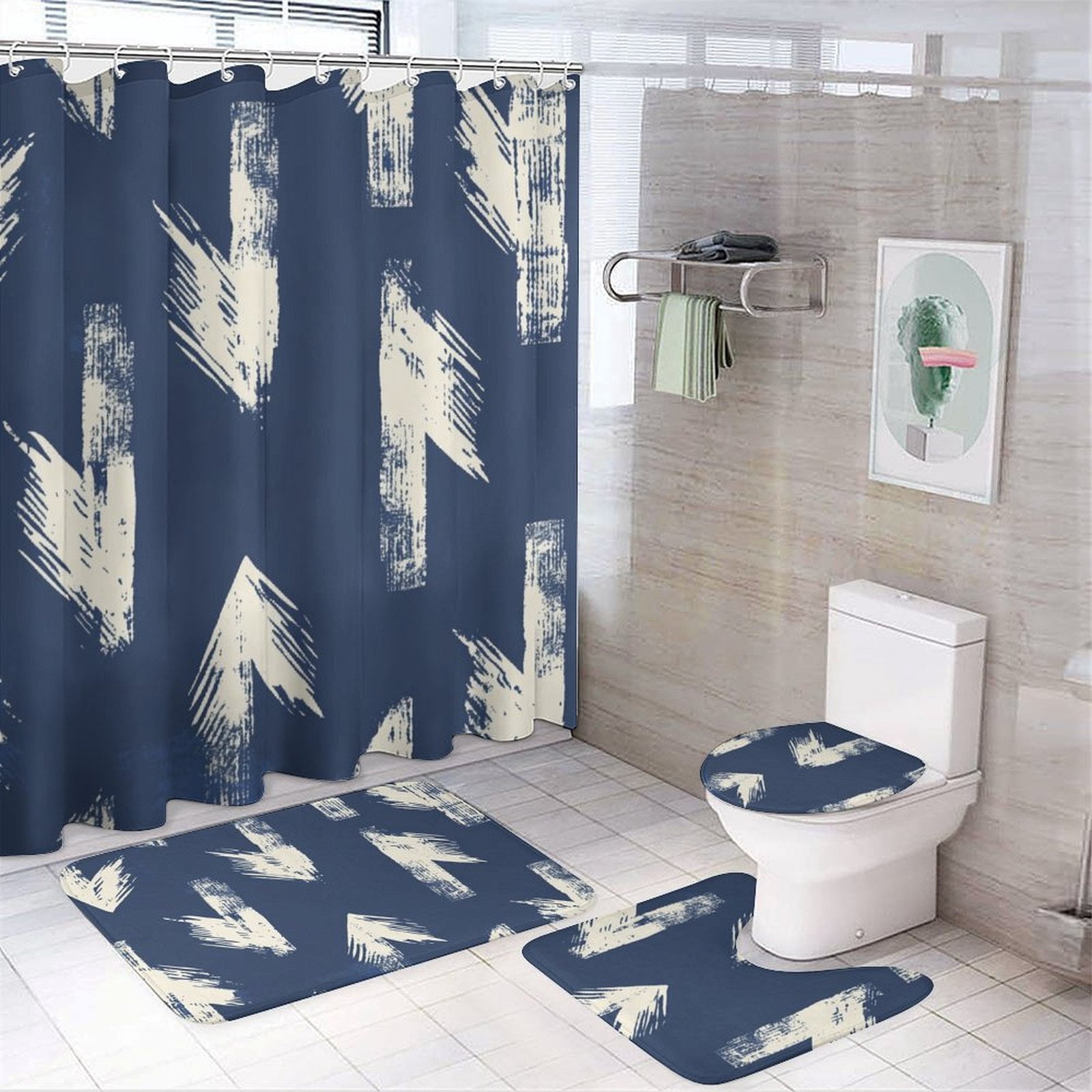 4 Piece Shower Curtain Sets Navy Blue And White Geometric Rug Toilet ...