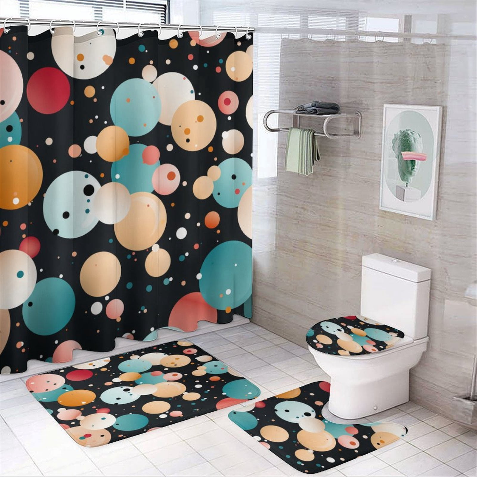 4 Piece Shower Curtain Sets with Non-Slip Rugs Toilet Lid Cover And Bath Mat Bathroom Decor Set Colorful Polka Dot Waterproof Personality Pattern Bath Curtain Spot Simple Structure Abstract