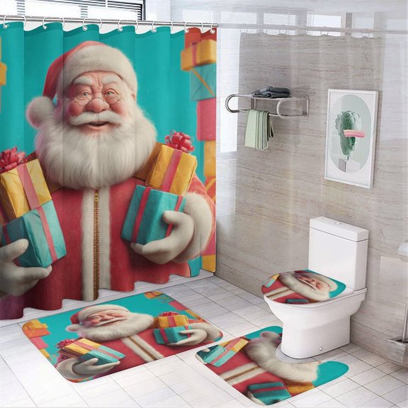 4 Piece Shower Curtain Sets with Non-Slip Rugs Toilet Lid Cover And Bath Mat Bathroom Decor Set Santa Claus Holding Presents Waterproof Shower Curtain Red Christmas Santa Claus for Bathroom Decor Set