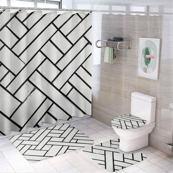 4 Piece Shower Curtain Sets with Non-Slip Rugs Toilet Lid Cover And Bath Mat Geometric Herringbone Chevron Print Waterproof Personality Pattern Bath Curtains Abstract Creative for Bathtub Decor