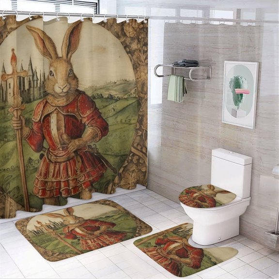 4 Piece Shower Curtain Sets with Non-Slip Rugs Toilet Lid Cover And Bath Mat Medieval Rabbit French Waterproof Personality Pattern Bath Curtain Happy Easter Bunny Rabbit for Bathroom Decor Set