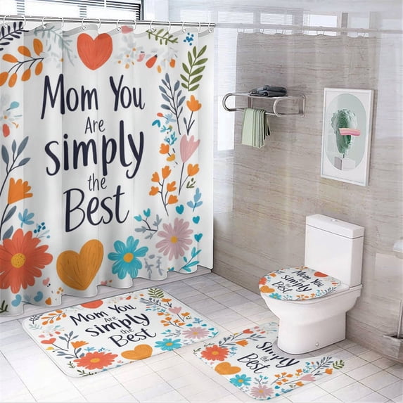 4 Piece Shower Curtain Sets with Non-Slip Rugs Toilet Lid Cover and Bath Mat Shower Curtain Set Mom You Are Simply The Best Waterproof Fabric Bath Curtains Spring Flowers for Bathroom Decor
