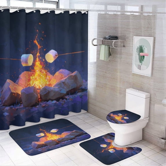 4 Piece Shower Curtain Sets Non-Slip Rugs And Toilet Mat Lid Rug Accessories Campfire Marshmallows Durable And Waterproof Campers Gifts for Bathtub Decor