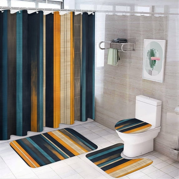 4 Piece Shower Curtain Sets Non-Slip Rugs And Toilet Mat Lid Rug Accessories Orange And Blue Stripe Waterproof Fabric Bath Curtain Colorful Abstract Modern for Bathtub Decor