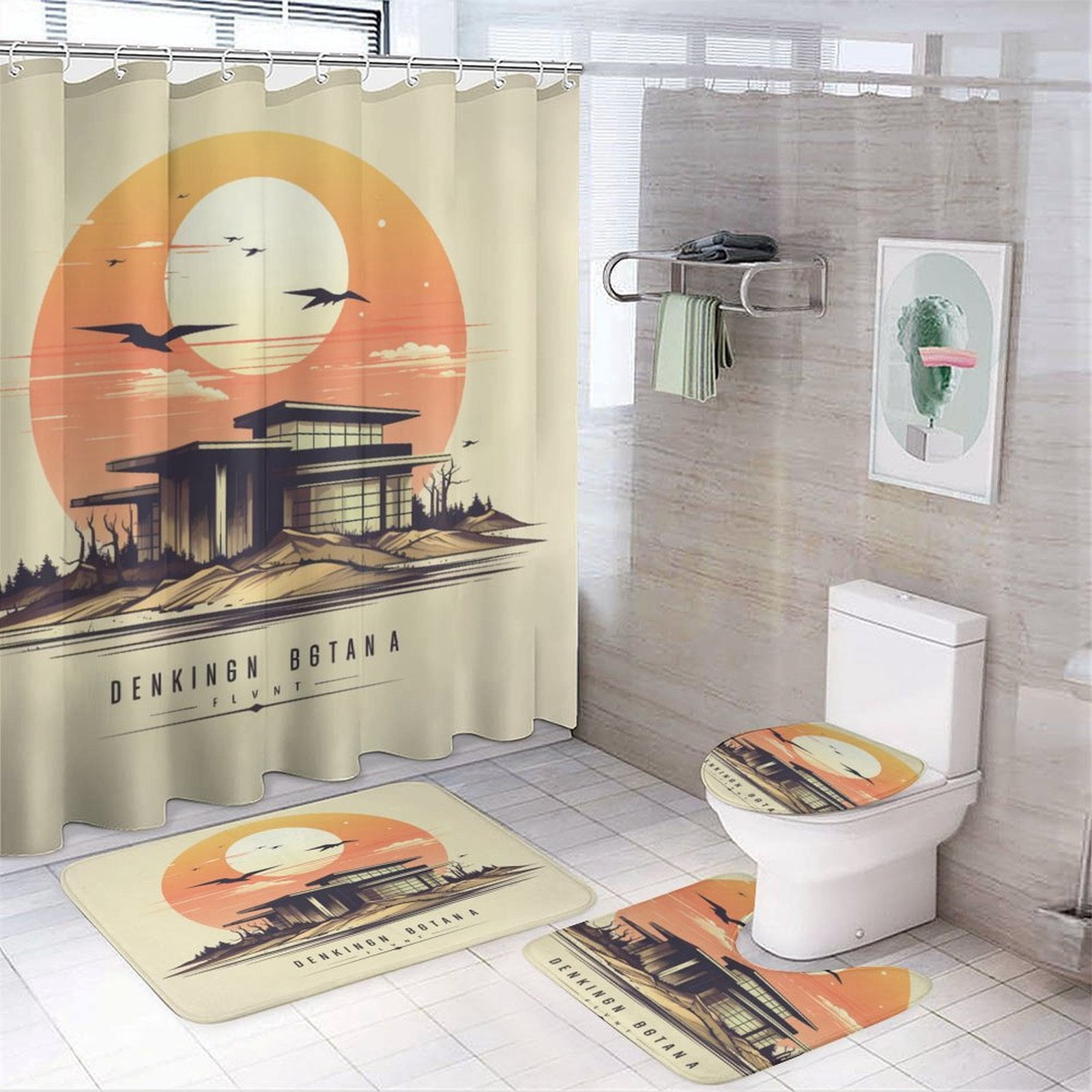 4 Piece Shower Curtain Sets Non-Slip Rugs And Toilet Mat Lid Rug Accessories Vintage National Park Retro Waterproof Fabric Bath Curtain Mountain Travel for Bathtub Decor