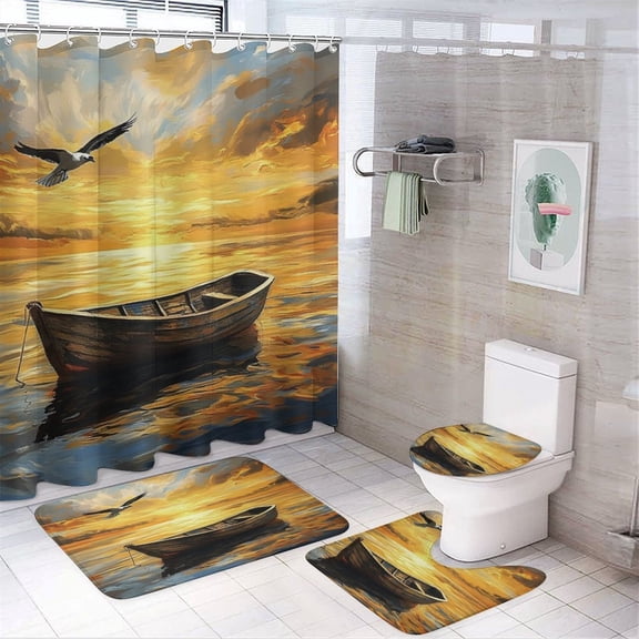 4 Piece Shower Curtain Sets Ocean Boat Sunset Seascape Non-Slip Rugs And Toilet Mat Lid Rug Accessories Sunset at The Sea with Sailing Boat 12 Hooks for Bathroom Decor 72inch X 72inch
