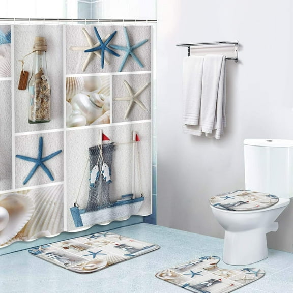 4 Piece Shower Curtain Sets, Ocean Fish Coral Reef with Non-Slip Rugs, Toilet Lid Cover and Bath Mat, for Bathroom Decor Set, 72" x 72"
