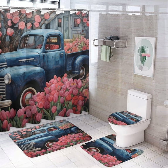 4 Piece Shower Curtain Sets Old Blue Truck With Pink Tulips Bath Mat U-Shaped Floor Mat Toilet Lid Oval Rug Spring Farmhouse Shower Curtain with 12 Hooks for Bathroom Decor 72inch X 72inch