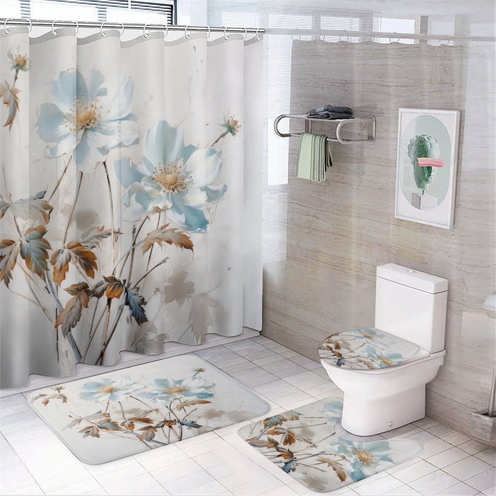 4 Piece Shower Curtain Sets Painting Of White Flower Rug Toilet Lid ...