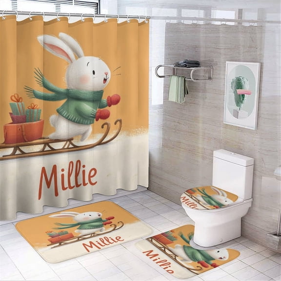 4 Piece Shower Curtain Sets Personalised Sleigh Rabbit Bathroom Sets with Shower Curtain And Rugs 4 Piece Personalized Gifts Bathroom Decor Set with Accessories for Bathroom Decor Set 72inch X 72inch