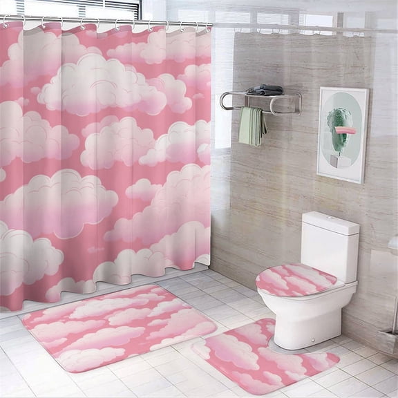 4 Piece Shower Curtain Sets Pink Clouds Non-Slip Rugs And Toilet Mat Lid Rug Accessories Pink Sky And White Clouds Bathroom Decor Set with Accessories for Bathtub Decor 72inch X 72inch
