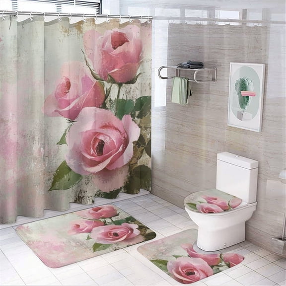 4 Piece Shower Curtain Sets Pink Roses Shabby Chic Painting Rug Toilet Lid Cover And Non-Slip U Shape Mat Pink Blooming Romantic Roses Bathroom Decor Sets for Bathroom Decor Set 72inch X 72inch