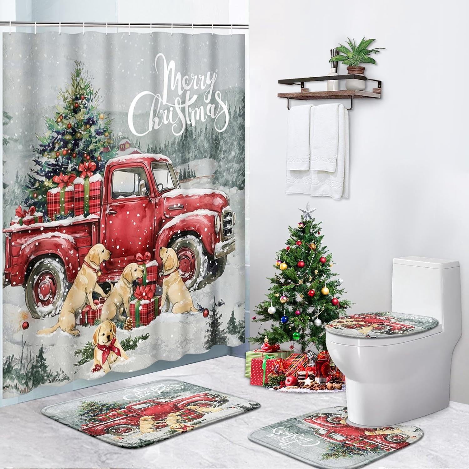Kazynee Watercolor Red Black Geometric Bathroom Set – 4-Piece Shower Curtain, Non-Slip Bath Mat, Toilet Cover & U-Shaped Rug, Waterproof & Soft