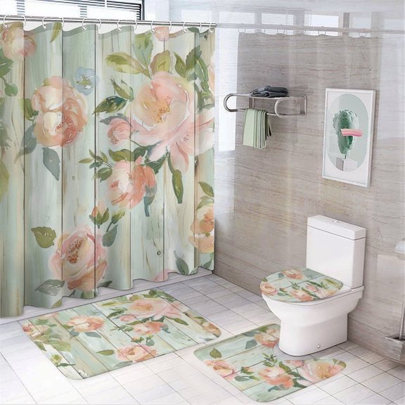 4 Piece Shower Curtain Sets Rose Wood Texture with Non-Slip Rugs Toilet Lid Cover And Bath Mat Cute Buds Elegant Vintage Floral Rose Farmhouse Bathroom Shower Set for Bathroom Decor 72inch X 72inch