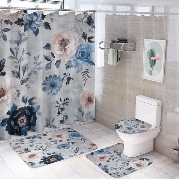 4 Piece Shower Curtain Sets Rug Toilet Lid Cover And Non-Slip U Shape Mat Vintage White And Blue Floral Waterproof Fabric Bath Curtains Wild Flower for Bathroom Decor Sets