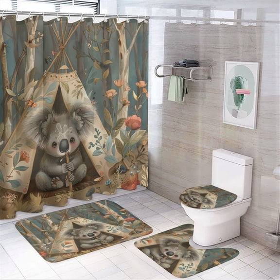4 Piece Shower Curtain Sets with Rugs Include Waterproof Shower Curtain Non-Slip Rug Toilet Lid Cover Bath Mat Koala In Teepee Waterproof Fabric Bath Curtain Koala Lovers for Bathroom Decor