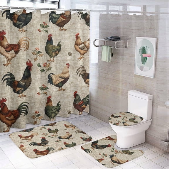 4 Piece Shower Curtain Sets Rustic Modern Farmhouse Animal Chicken Bathroom Shower Curtain Set with Rugs Country Animals Cock Bathroom Accessories Set Decor with 12 Hooks 72inch X 72inch