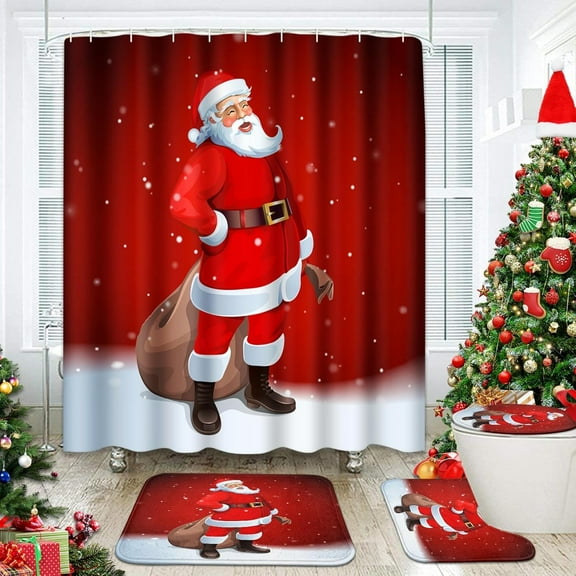 Merry Christmas 4 Piece Shower Curtain Set with Non-Slip Rugs - Santa Claus Cartoon HD Print, Waterproof Polyester Fabric Bathroom Decor with Toilet Lid Cover, Bath Mat & 12 Hooks, 72" X 72"