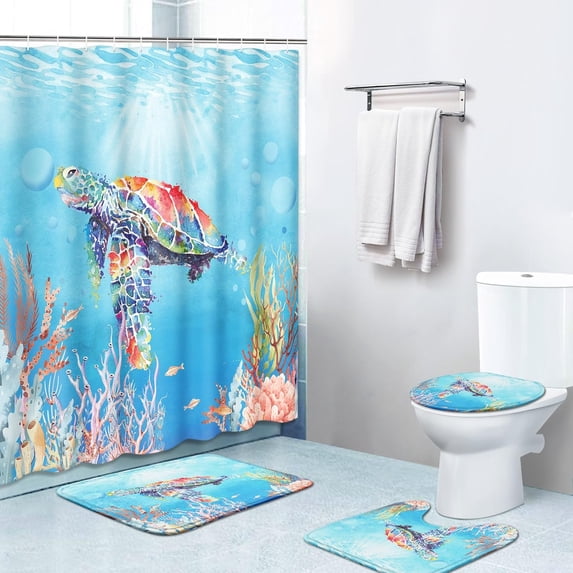 4 Piece Shower Curtain Sets, Sea Turtle Creatures Swimming Underwater with Non-Slip Rugs, Toilet Lid Cover and Bath Mat, for Bathroom Decor Set, 72" x 72"