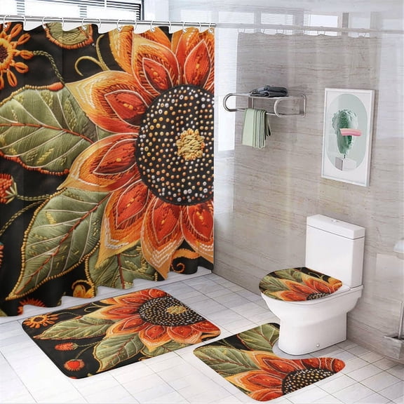 4 Piece Shower Curtain Sets Spring Sunflower Black Summer with Non-Slip Rugs Toilet Lid Cover And Bath Mat Bathroom Decor Set Yellow Summer Flowers Farmhouse Bathroom Shower Set