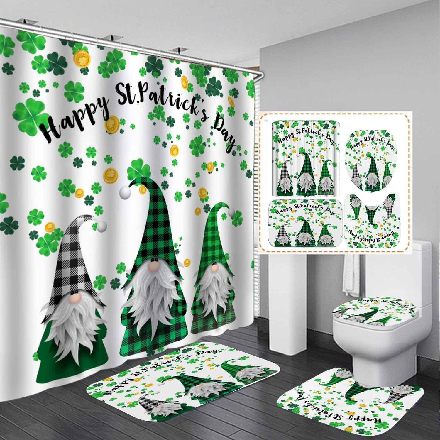 Tititex St. Patrick's Day Shower Curtain - Green Clover & Floral Leaves, 70x70 Inch Waterproof With Hooks