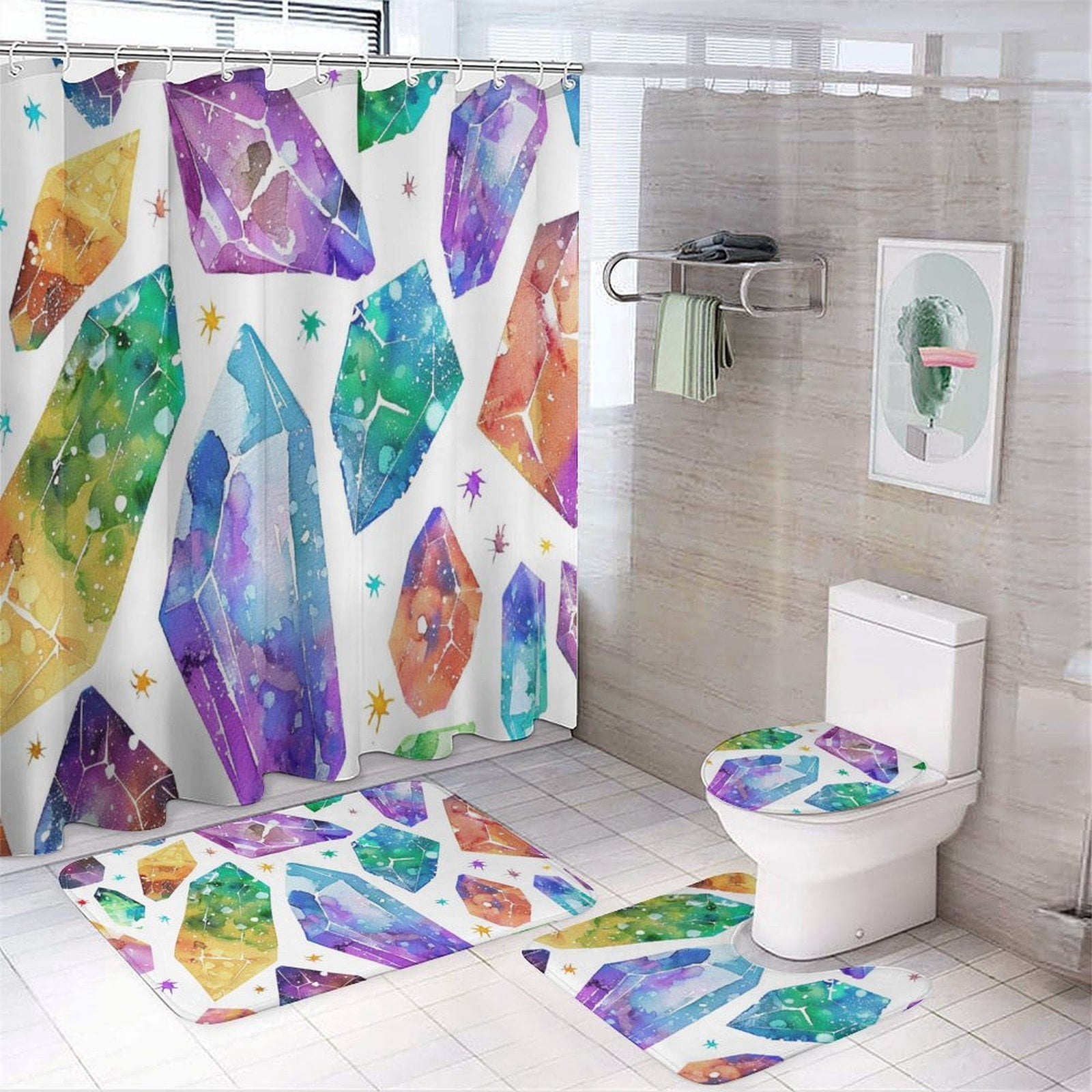 4 Piece Shower Curtain Sets Watercolor Crystals with Starry Night ...
