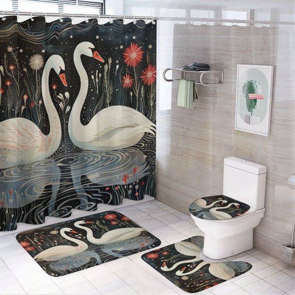 4 Piece Shower Curtain Sets White Swans In The Water Non-Slip Rugs And Toilet Mat Lid Rug Accessories Beautiful Cartoon Romantic White Swan Bathroom Decor Set for Bathtub Decor 72inch X 72inch