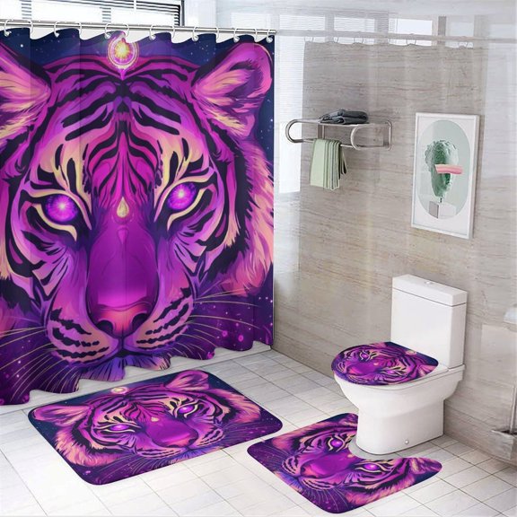 4 Piece Shower Curtain Sets with Rugs Toilet Lid Cover And Bath Mat Pink And Purple Tiger Durable And Waterproof Colorful Tiger for Bathtub Decor