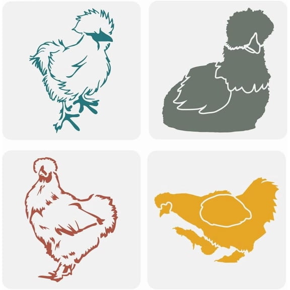4-Piece Silky Chicken Painting Stencil Set - 7.9x7.9" Reusable Plastic Stencil for Wood Paper Fabric Wall Furniture Colorful